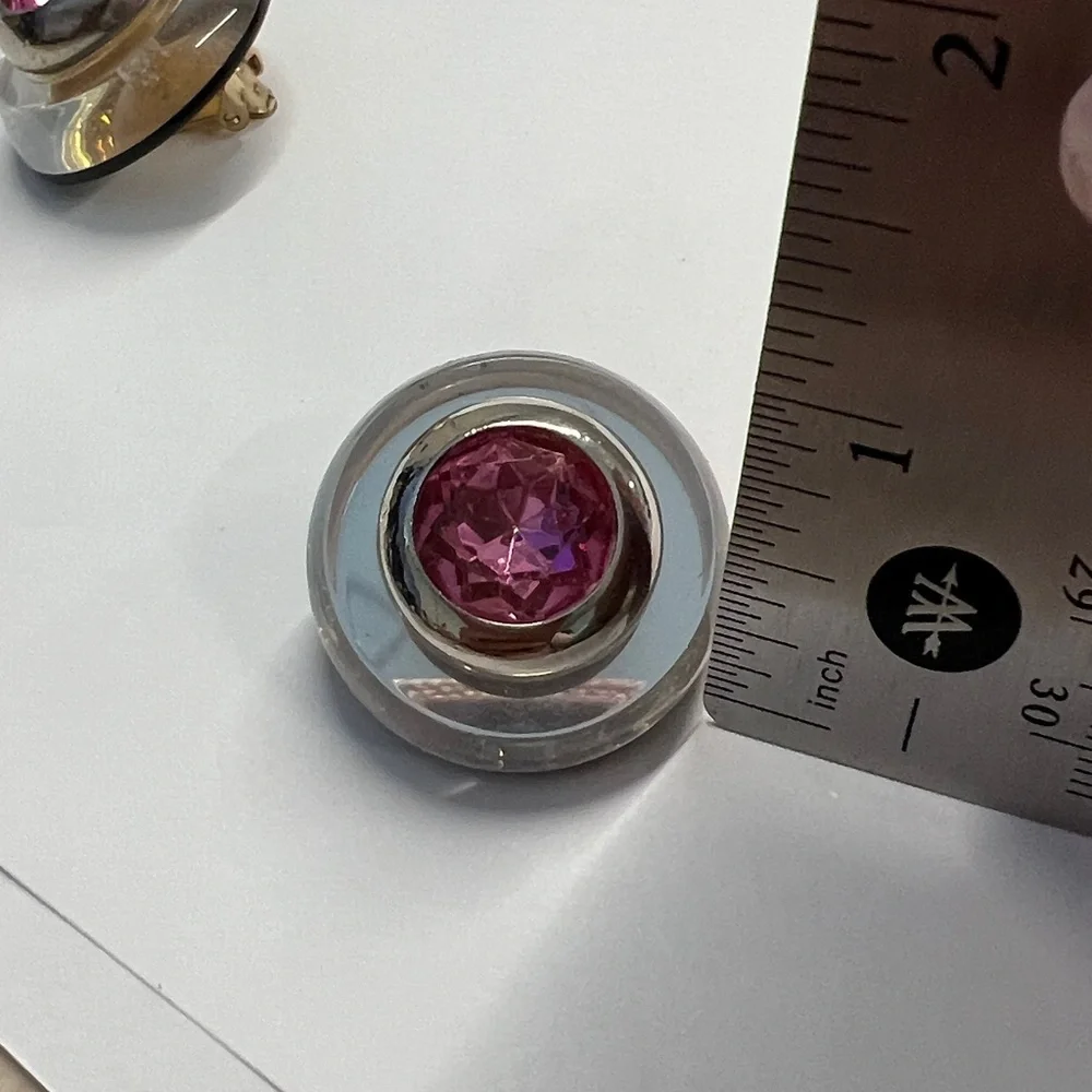 Diva Vintage Clear Lucite Pink Tourmaline Stone Silverplate Bezel Clip Earrings